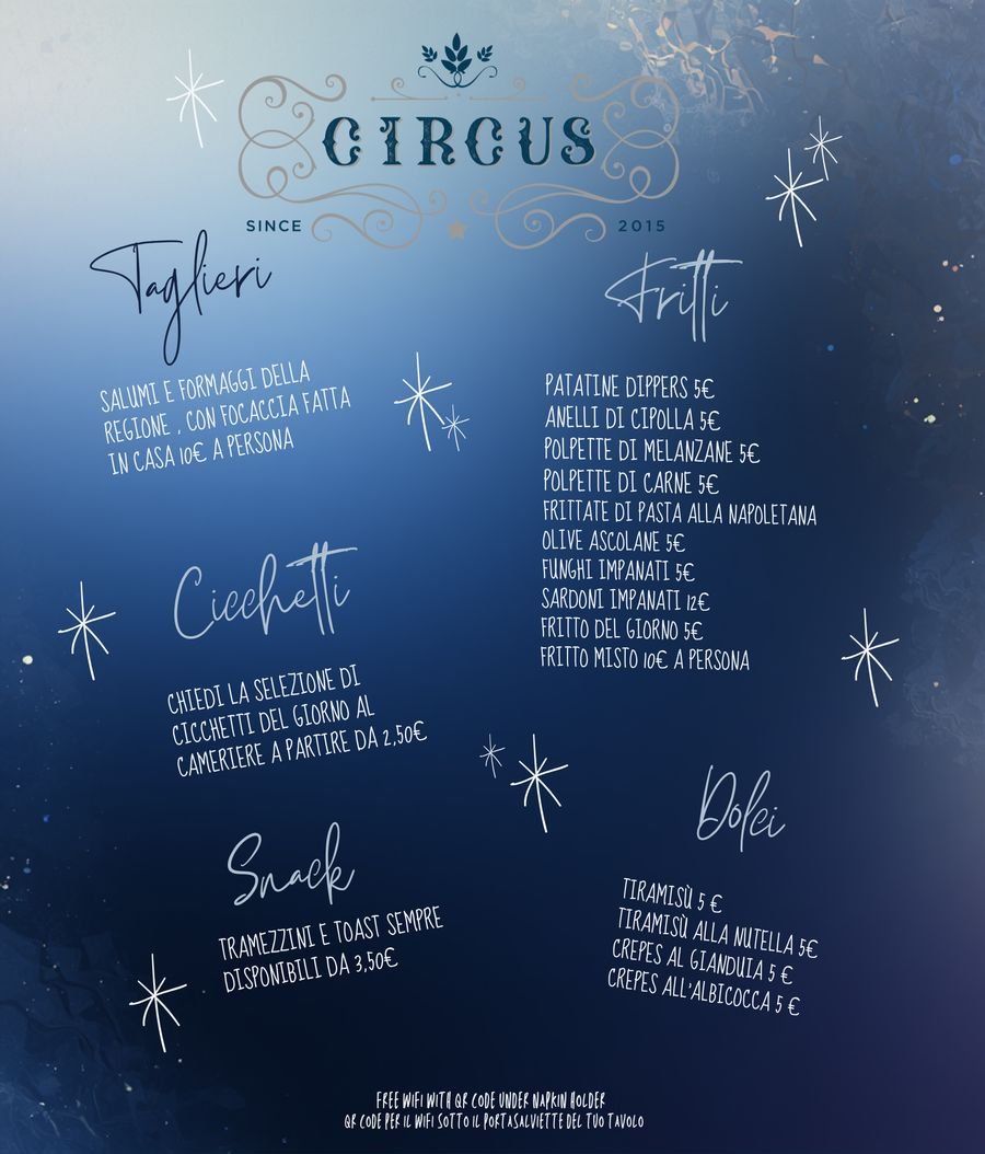Menu delle sere del New Circus Trieste: taglieri, fritti, cicchetti, snack e dolci con i prezzi
